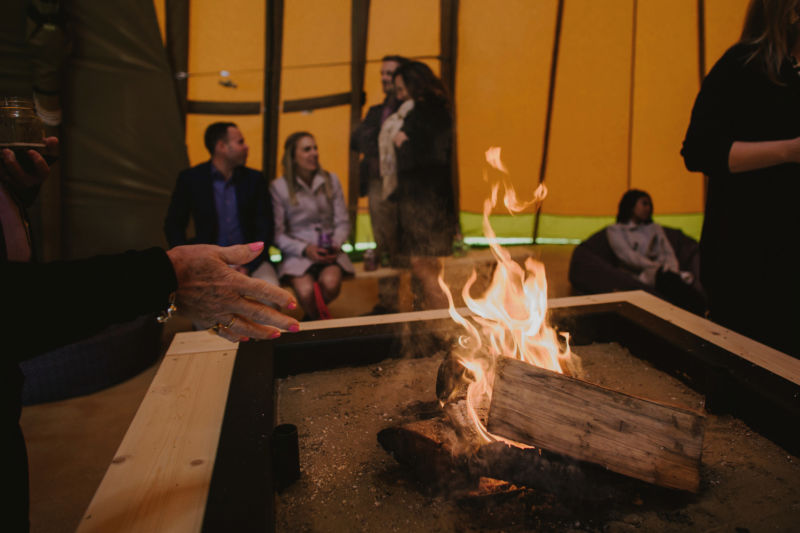 an open fire in the tipi
