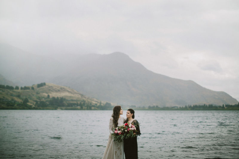 portrait of brides and lake