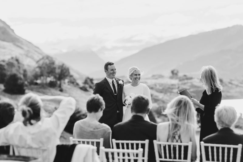 b&w of bride and groom during ceremony