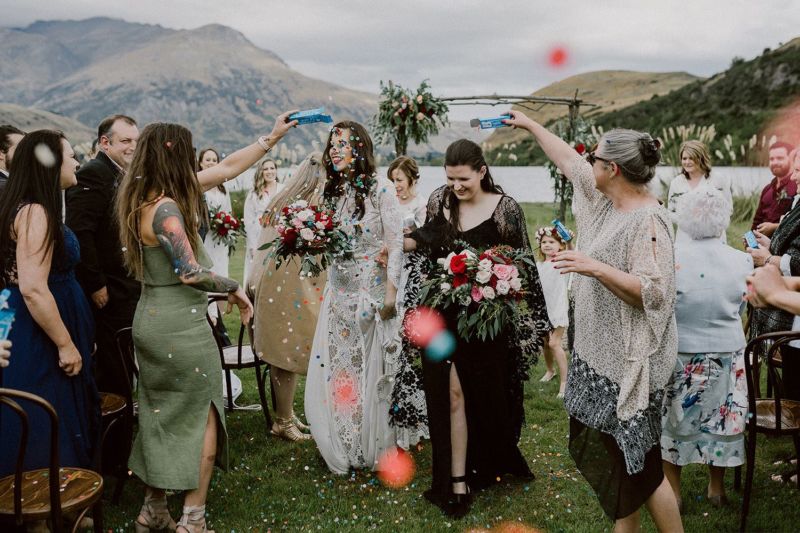 brides being showered with confetti after ceremony queenstown