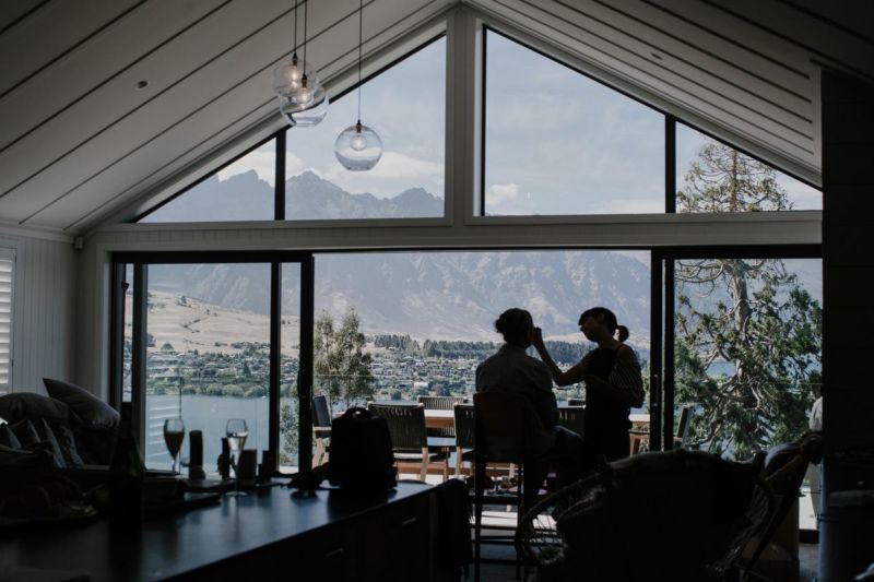 silhouette of make up preparations with mountain views