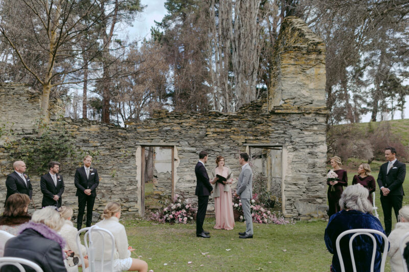 The ceremony commences in front of Thurby domain ruins wide angle