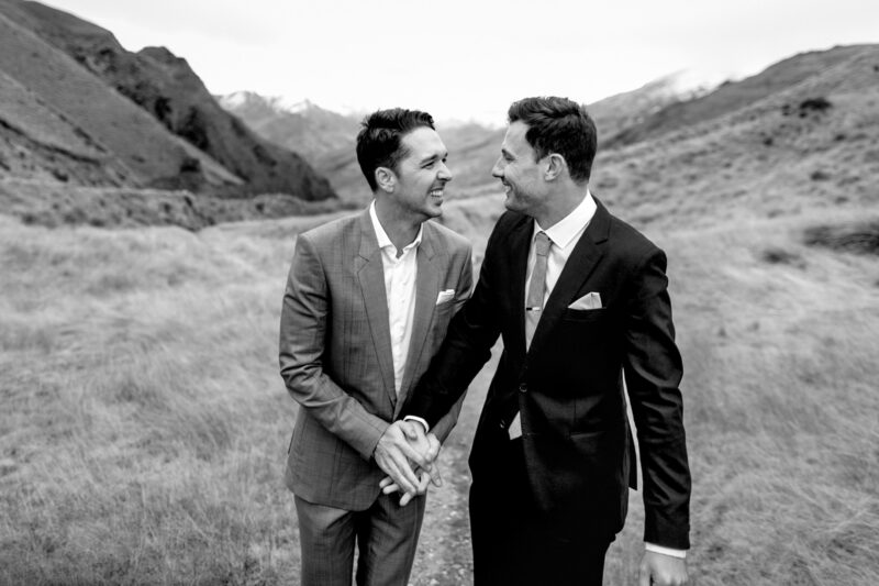 Liam and Steve portrait at Skippers canyon b&w natural walking