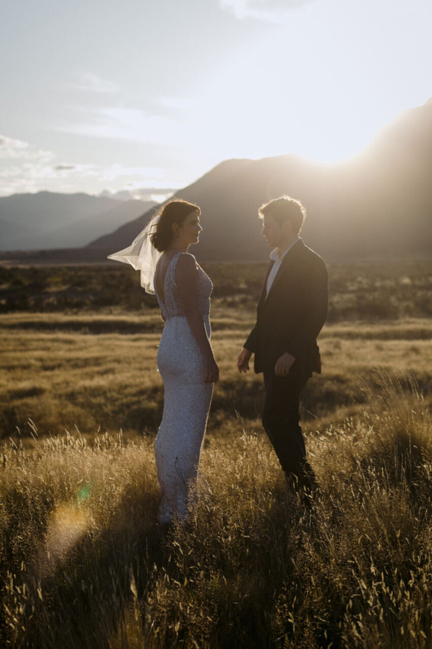 Bride and Groom lit by sunset