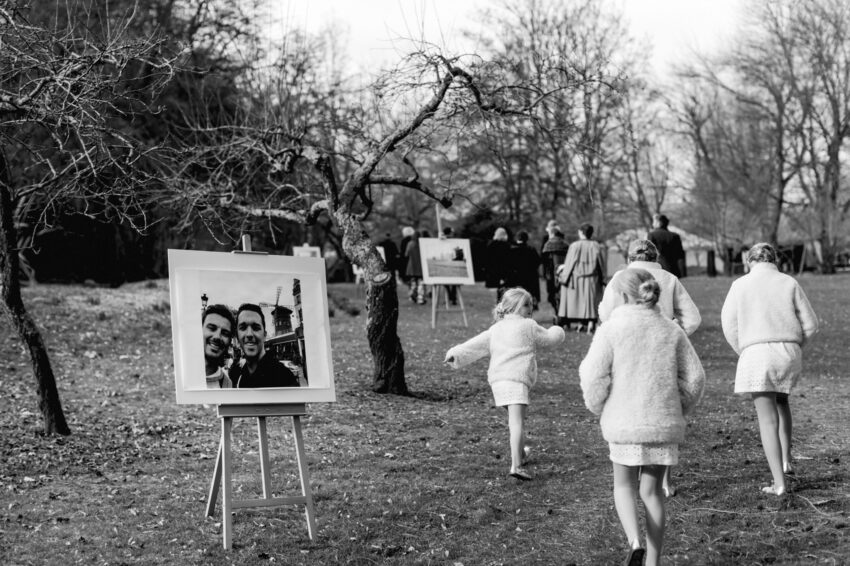 Flowergirls runing through the gardens