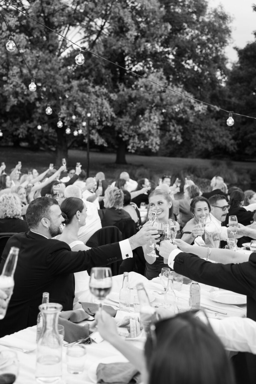 Guests say cheers and clink their glasses down the table at reception