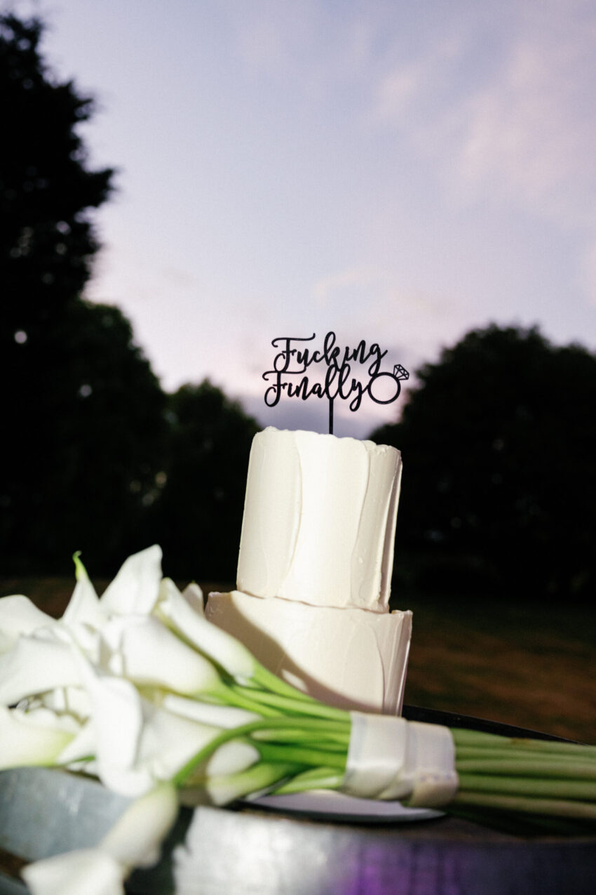 The wedding cake topper on top of the cake at sundown
