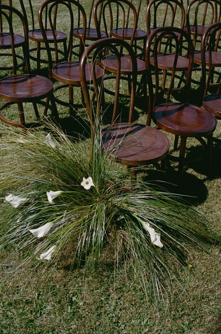 Details of the ceremony decoration, grasses and wooden chairs